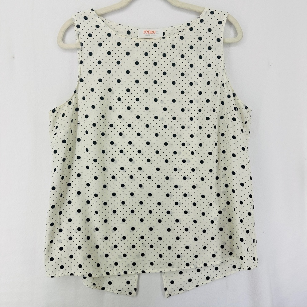 Renee C Sleeveless Blouse Polka Dot Womans Size L White